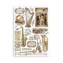 Collection of vintage musical instruments and related items on a white background
