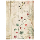 Decorative paper with floral and dragonfly design on a wooden background