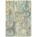 Sheet of paper with vintage violin design and music notes on a white background