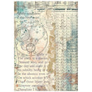 Decorative paper with vintage clock design, text, and musical notes on a white background