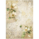 Decorative paper with floral illustrations and text on a beige background