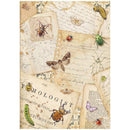 Decorative paper with illustrations of insects and text on a white background