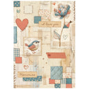 Decorative paper with heart shapes, flowers, and birds on a patchwork pattern.