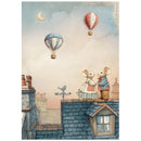 Illustration of two mice on a rooftop with hot air balloons in the sky.