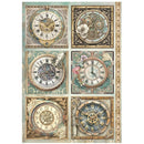 Decorative paper with vintage clock designs on a white background
