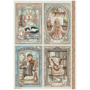 Set of four decorative cards with vintage-style illustrations featuring a violinist, a cat, a woman, and an armchair.