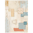 Patchwork-style design with various patterns and colors on a textured background