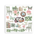 Decorative print with nature-themed elements including flowers, butterflies, and chairs on a white background.