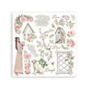 Decorative paper set with flowers, birdhouses, and a woman with a dog on a white background.