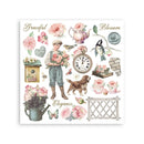 Vintage-style illustration with flowers, a man, a dog, and decorative elements on a white background.