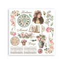 Decorative sheet with vintage-style illustrations including flowers, a clock, and a woman with a flower crown on a white background.