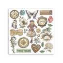 Decorative sheet with vintage-style illustrations including clocks, flowers, and a person in a hat on a white background.