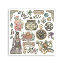 Collection of vintage-style decorative elements including flowers, clocks, and mechanical gears on a white background.