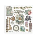 Collection of vintage-style decorative elements including clocks, flowers, and mechanical components on a white background.