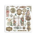Sheet of decorative stickers with vintage-themed designs including flowers, clocks, and text on a white background.
