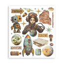 Collection of vintage-style illustrations including a robot, girl, rocket, and various objects on a white background.