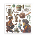 Illustration of a woman and a robot with space-themed objects and text on a white background