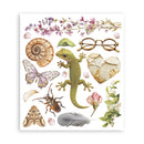 Illustration of a green lizard surrounded by various nature-themed items on a white background