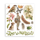 Illustrated sheet with a woman, dog, birds, flowers, and nature elements on a white background