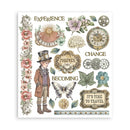 Decorative paper sheet with vintage elements, boy, flowers, and text on a white background