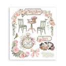 Decorative print with floral elements, chairs, a clock, and 'La Vie en Rose' text on a white background.