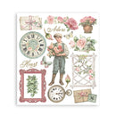 Vintage-style decorative elements including a clock, flowers, and a boy holding flowers on a white background.