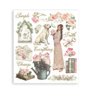 Decorative print with a woman, dog, flowers, and text on a white background