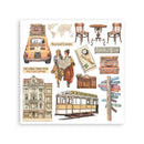 Collection of travel-themed illustrations including a van, people, buildings, and transportation icons on a white background.