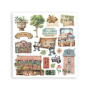 Collection of vintage-style illustrations including a bench, suitcase, and building on a white background.