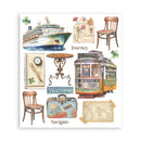 Collection of travel-themed illustrations including a cruise ship, tram, suitcase, and chairs on a white background.