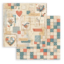 Patchwork patterned paper with birds, hearts, and text on a white background