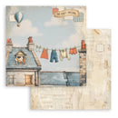 Illustration of a house with clothes on a line, a hot air balloon, and text 'The Place I Belong' on a textured paper background.