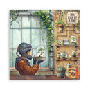 Illustration of a person in a space suit tending to plants in a greenhouse setting.