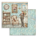 Vintage-style room with a man playing violin, bookshelf, and decorative elements.