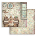 Vintage-style wallpaper with a girl playing an organ and decorative elements.