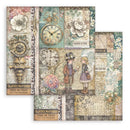 Collection of vintage-themed paper sheets with clocks, flowers, and text on a white background.