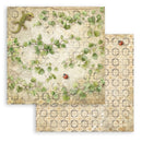 Two decorative papers with nature-themed designs featuring leaves, a lizard, and a ladybug on a beige background.