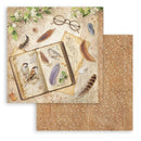 Decorative paper with vintage design featuring an open book, feathers, and glasses on a floral background.