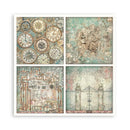 Set of four vintage clock-themed wall art prints on a white background