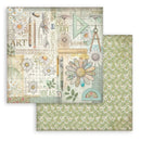 Two sheets of decorative paper with floral and geometric designs on a white background.