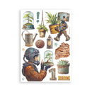 Collection of decorative stickers featuring a robot, plants, and a person in a gas mask on a white background.