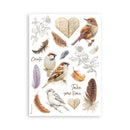 Sticker sheet with birds, feathers, and motivational phrases on a white background