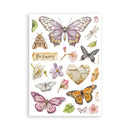 Sheet of butterfly and flower stickers with a 'Be happy' message on a white background