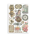 Decorative sheet with vintage-style clocks, flowers, and text on a white background