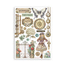 Vintage-themed decorative sheet with butterflies, clocks, and floral elements on a white background.