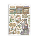Sheet of decorative stickers with steampunk design elements, including a woman in a Victorian outfit, flowers, and mechanical elements.