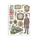 Vintage-themed decorative sheet with clock, train, and gentleman illustration on a white background