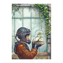 Person in a futuristic suit holding a glass dome with a bonsai tree, surrounded by greenery.