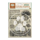Packaging of clear stamps with decorative elements and text on a white background