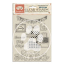 Package of clear stamps with various designs on a white background